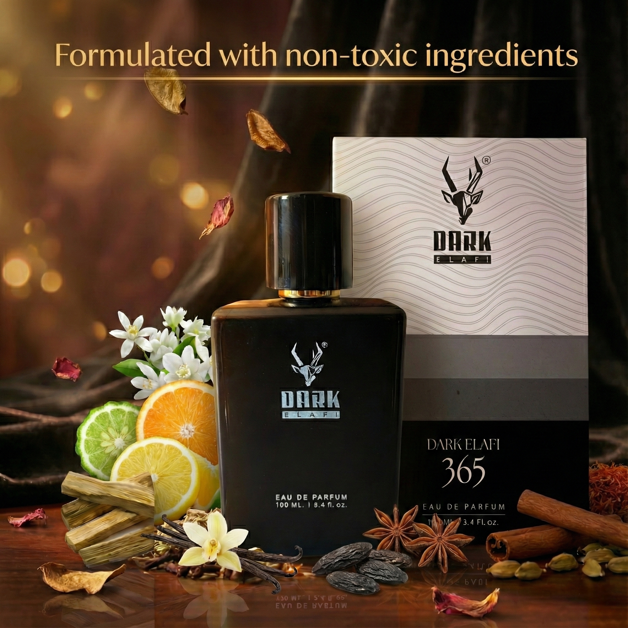 fresh citrus perfume 100ml, floral woody perfume India, daily wear perfume unisex, long lasting fresh fragrance India, office perfume men and women, citrus floral scent, vanilla woody perfume, everyday perfume India, premium perfume online, Dark Elafi perfume