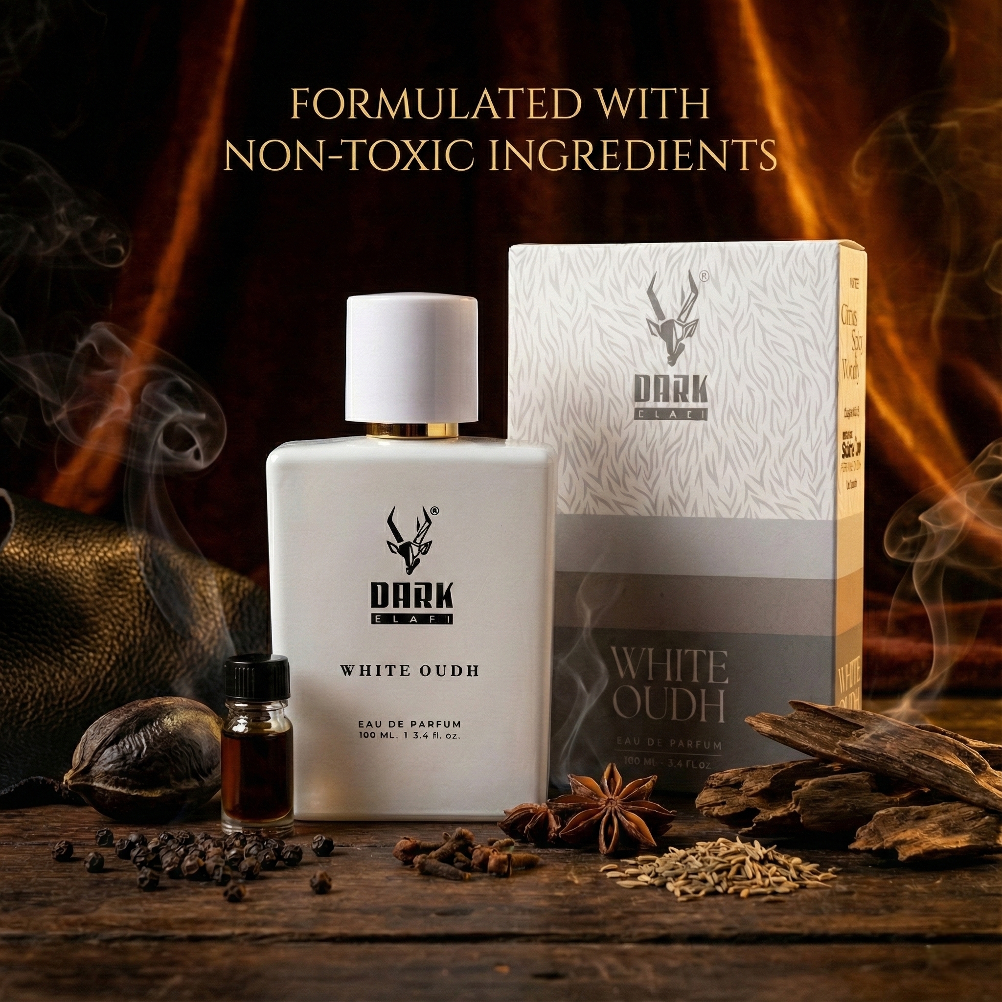 white oudh perfume 100ml, citrus spicy woody perfume India, fresh oudh fragrance, long lasting unisex perfume, light oudh perfume India, spicy woody scent, daily wear oudh perfume, premium perfume India, luxury fragrance online, Dark Elafi perfume